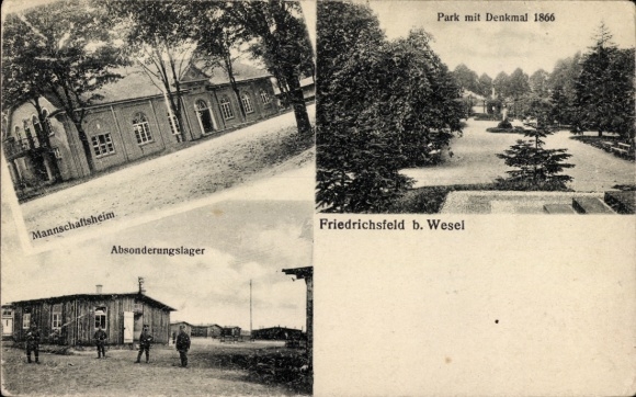 Ak Friedrichsfeld Voerde am Niederrhein, Absonderungslager, Mannschaftsheim, Denkmal