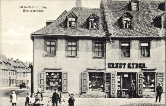 Postcard Glauchau in Saxony, Breite Straße, Ernst Kyber&#39;s shop