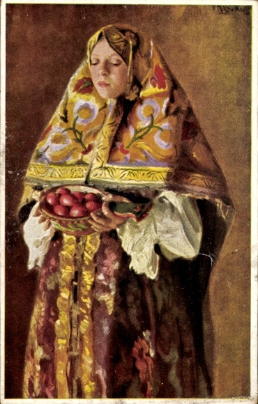Künstler Ak Russisches Mädchen mit Ostergabe, Tracht