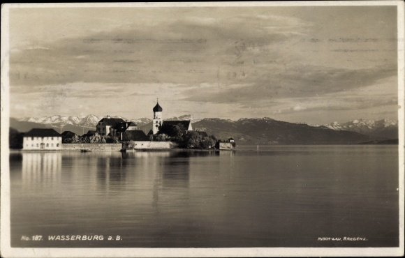 Postcard Wasserburg am Bodensee Swabia, place seen from the water, church