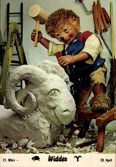 Postcard Mecki the hedgehog as a sculptor, star sign Aries, March 21st to April 20th