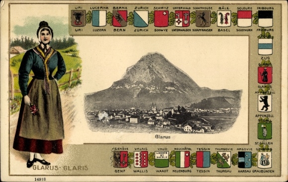 Lappen KP Glarus Kanton Glarus Szwajcaria, herb kantonów, kobieta w typowym stroju