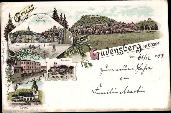 Chromo-Litho Gudensberg in Hesse, town hall, brewery, school, church, long shot