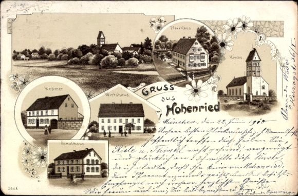 Chromo-Litho Hohenried fountain in Upper Bavaria, shopkeeper, schoolhouse, rectory, church, inn
