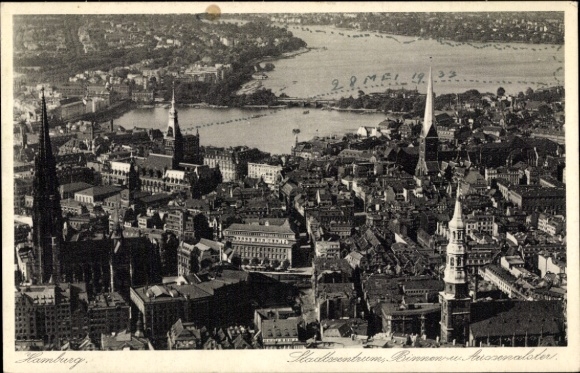 Ak Hamburg Mitte Altstadt, Luftbild von  Binnenalster, Stadtkirche, Altstadt