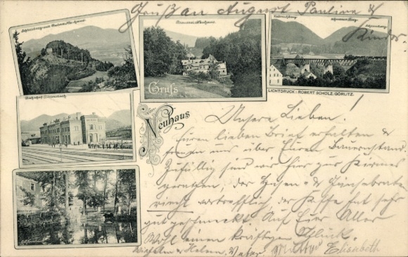 Ak Dzietrzychów Dittersbach Wałbrzych Waldenburg Schles., Neuhaus, Burg Nowy Dwór, Bahnhof, Viadukt