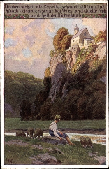 Song Postcard Hey, Paul, Volksliederkarte Nr. 96, The chapel stands above, sheep