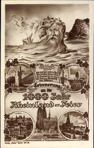 Postcard 1000-year celebrations of the Rhineland, Father Rhine, Cologne Cathedral, Bingen Mouse Tower, Rheinstein Castle