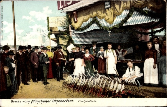 Postcard Munich Bavaria, greetings from Oktoberfest, fish fry, stockfish