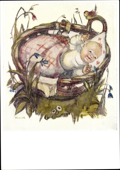 Artist PC Hummel, B., baby in a basket, bird, flowers