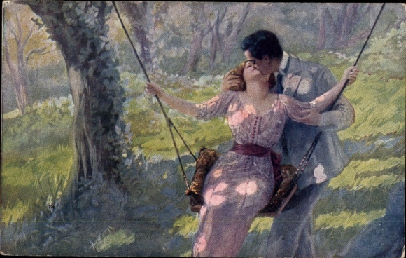 Postcard lovers, woman swinging, swing, kiss