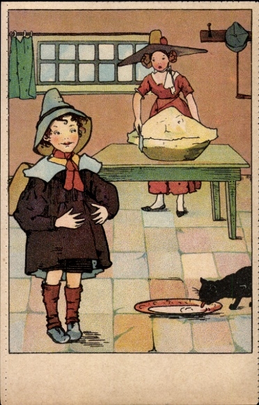 Postcard Dresden Pieschen Trachenberge, boy watches as a woman prepares a cake in the kitchen...