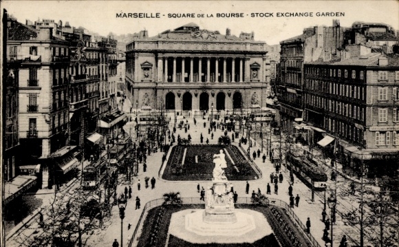 Ak Marseille Bouches du Rhône, MARSEILLE, SQUARE DE LA BOURSE, Menschen, Statue, Garten,  