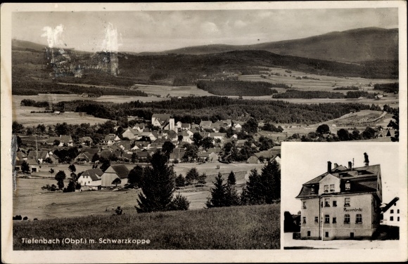 Ak Tiefenbach in der Oberpfalz, Ortspanorama mit Schwarzkoppe, Gasthof Russenbräu, Inh. Seb. Hegerl