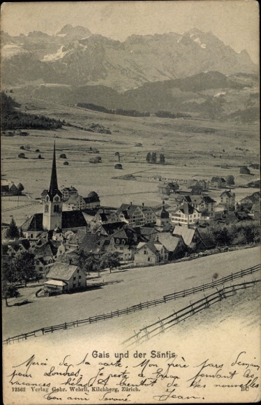 Ak Gais Kanton Appenzell Ausserrhoden Schweiz, Berglandschaft, Dorfansicht, Kirche, Häuser, Be...