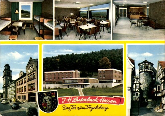 Postcard Lauterbach in Hesse, partial views, youth hostel, coat of arms