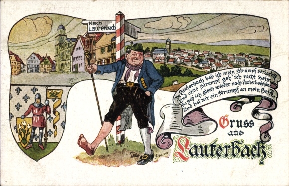 Artist PC Lauterbach on the Lauter Vogelsbergkreis, hikers, marketplace, coat of arms