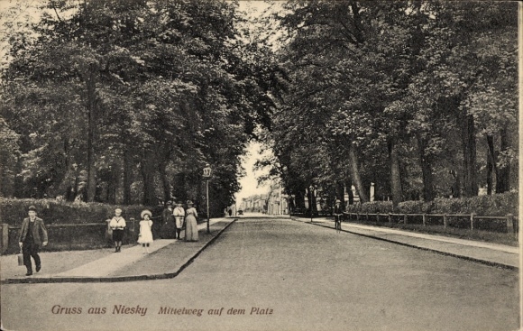 Postcard Niesky in Upper Lusatia, street with trees, people on the sidewalk, old PC