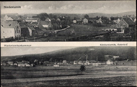 Ansichtkaart Niederlamitz Kirchenlamitz in het Fichtelgebirge van Opper-Franken, Niederlamitzerhammer, treinstation, afstandsschot
