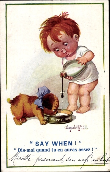 Artist Postcard McGill, Donald, Say when, child, dog