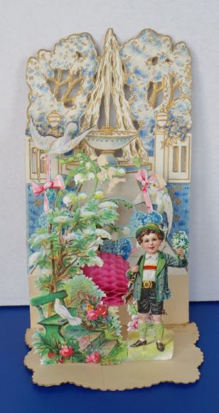 Scenery card 3D wafer standee, congratulations, boy in costume, doves, flowers, roses