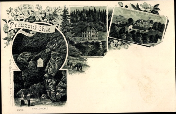 Chromo-Litho Hartenstein in the Erzgebirge of Saxony, Greetings from the Prince&#39;s Cave, Forester&#39;s House, Hartenstein Castle