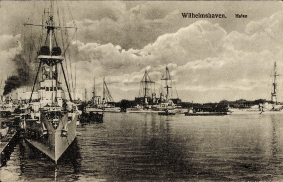 Wilhelmshaven on the North Sea, harbor, warships, SMS Danzig