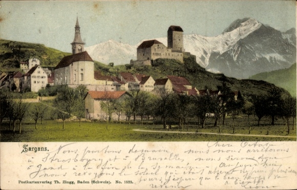 KP Sargans Kanton St. Gallen, zamek, kościół, góry, panorama, architektura historyczna