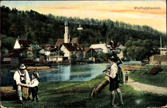 Postcard Wolfratshausen in Upper Bavaria, river landscape, children, men in traditional costume, church