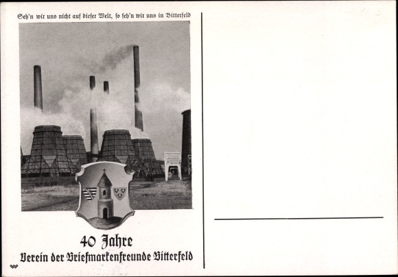 Coat of arms PC Bitterfeld in Saxony Anhalt, 40 years association of stamp friends, factory