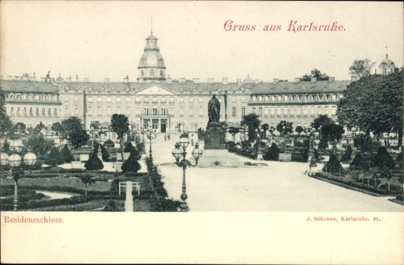 Ak Karlsruhe in Baden, Gruss aus  Residenzschloss, Statue im Park, Laternen