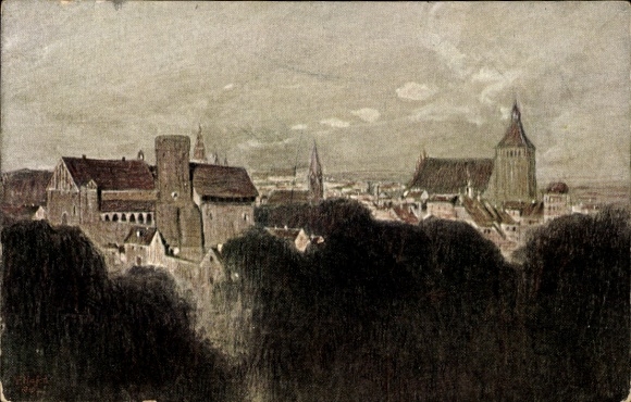 Kunstenaars Ak Haß, Fritz, Olsztyn Allenstein Oost-Pruisen, kasteel en Jakobikirche
