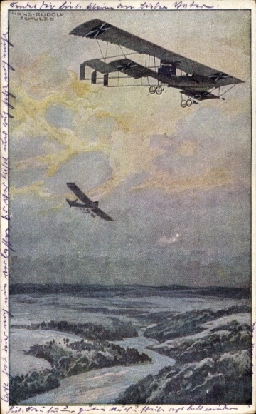 Artist Postcard Schulze, Hans Rudolf, Military biplane on reconnaissance mission over the Argonne Forest