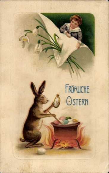 Postcard Altenessen Essen in the Ruhr area, Easter bunny cooks colorful eggs, boy watches from cloud
