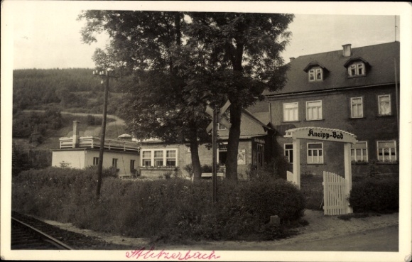 Postcard Stützerbach Ilmenau Thuringian Forest, Kneipp bath Thuringian Forest, buildings, trees, rails