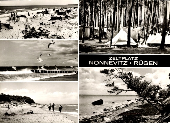 Postcard Nonnevitz Dranske on Rügen, campsite, forest, sea, beach, tents