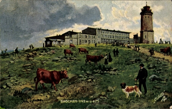Ak Brocken im Harz, Landschaft mit Kühen, Brocken-Hotel, Leuchtturm, Wanderern