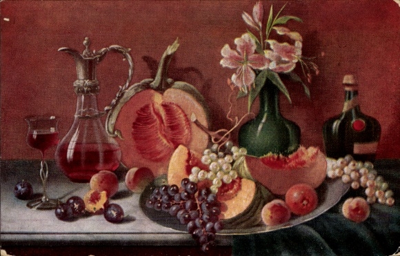 Artist Postcard still life, fruits, melon, grapes, wine carafe, flower vase