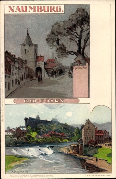 Artysta lito Stagura, Albert, Bad Kösen Naumburg an der Saale, Marientor, panorama, brzeg rzeki