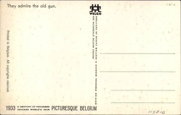 Artist Postcard Dratz, Jean, Chicago World's Fair 1933, Picturesque Belgium, They admire the old gun