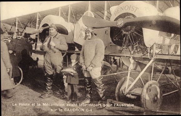 Postcard The Pilot and the Mechanic before their departure for Australia on the Caudron G-4