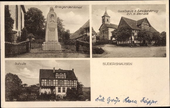 KP Sudershausen Nörten Hardenberg w Dolnej Saksonii, zajazd z. Lindenkrug, pomnik wojenny, szkoła