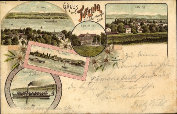Chromo-Litho Tutzing on Lake Starnberg Upper Bavaria, hotel on the lake, saloon steamer Luitpold, long shot