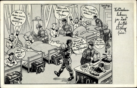 Artist PC Barlog, soldier&#39;s life means being funny, Wehrmacht, officer, bedroom, II. WW