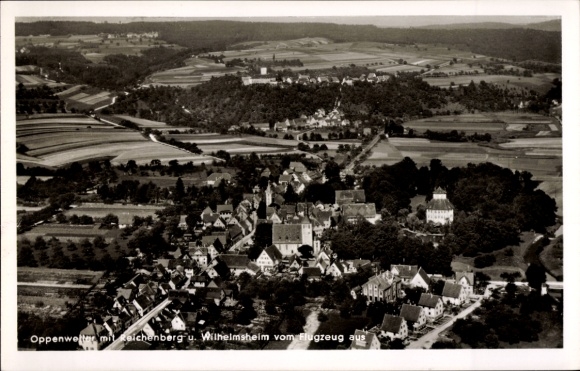 Postcard Oppenweiler in Württemberg, aerial photograph, town with Reichenberg and Wilhelmsheim