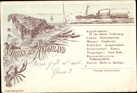 Chromo-Litho North Sea island of Helgoland, long shot, steamer, lobster