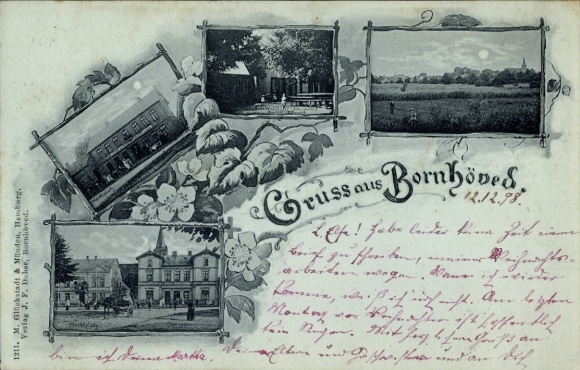 Mondschein Ak Bornhöved in Holstein, Teilansichten, Gasthof, Gesamtansicht, Marktplatz