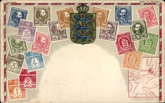 Stamps Postcard Denmark, coat of arms, map
