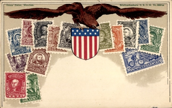 Stamps coat of arms Postcard USA, American flag, eagle