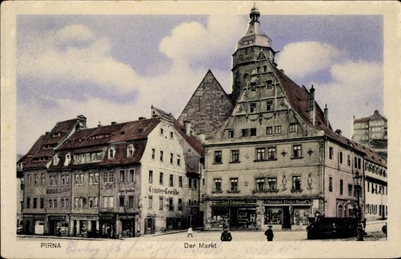 Ak Pirna an der Elbe, Marktplatz,  Gebäude, Geschäfte, Menschen, Fahrzeuge